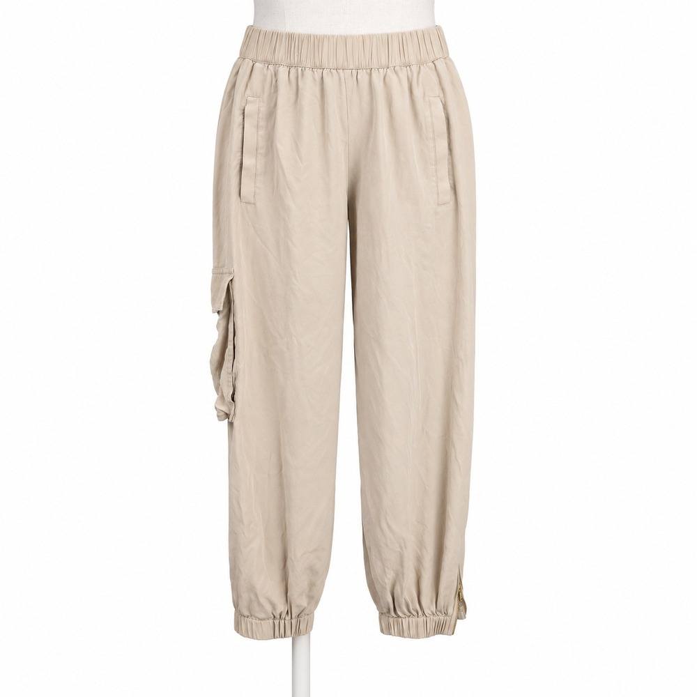 Cuyana 100% Silk Jogger Pants Size L Tan Elastic Waist Cargo Minimalist Luxury